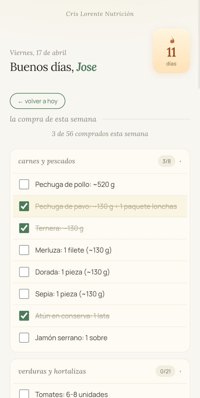 Lista de la compra agrupada por categorías con ingredientes; algunos productos marcados como ya comprados aparecen tachados