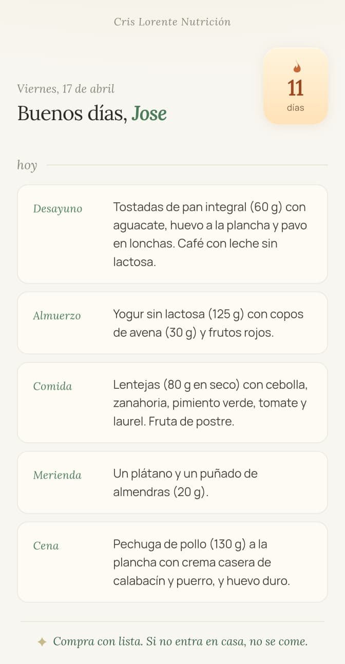 Menú diario con racha de 11 días visible arriba y las 5 comidas con gramajes