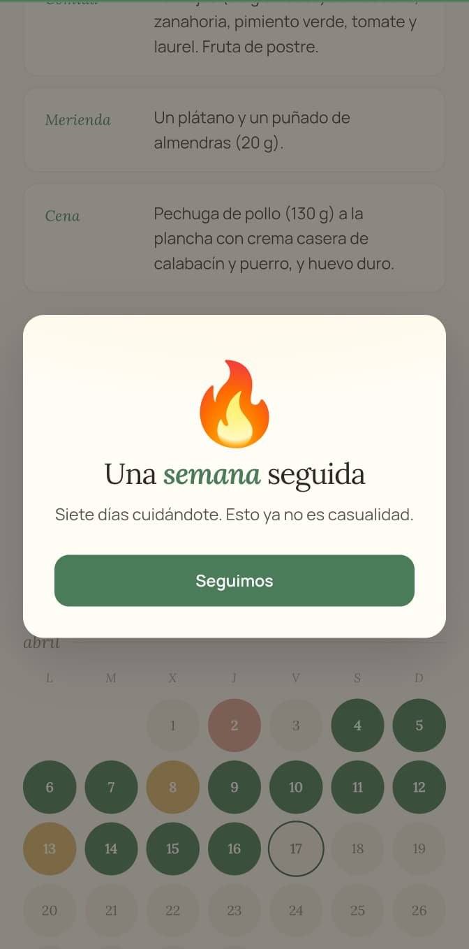 Aviso emergente «Una semana seguida — siete días cuidándote, esto ya no es casualidad»